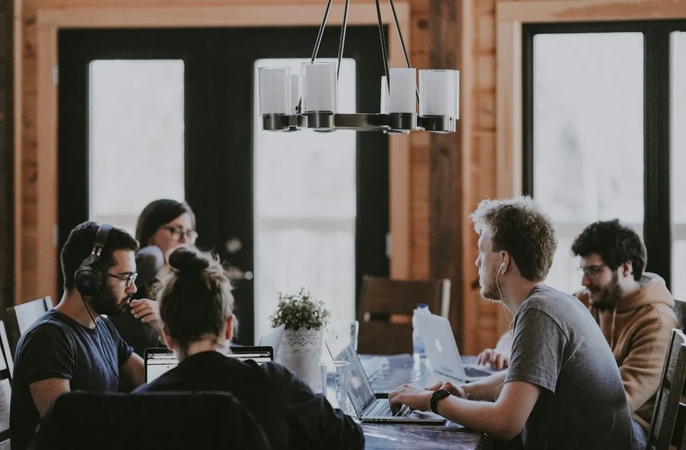 Team collaborating in a bright workspace